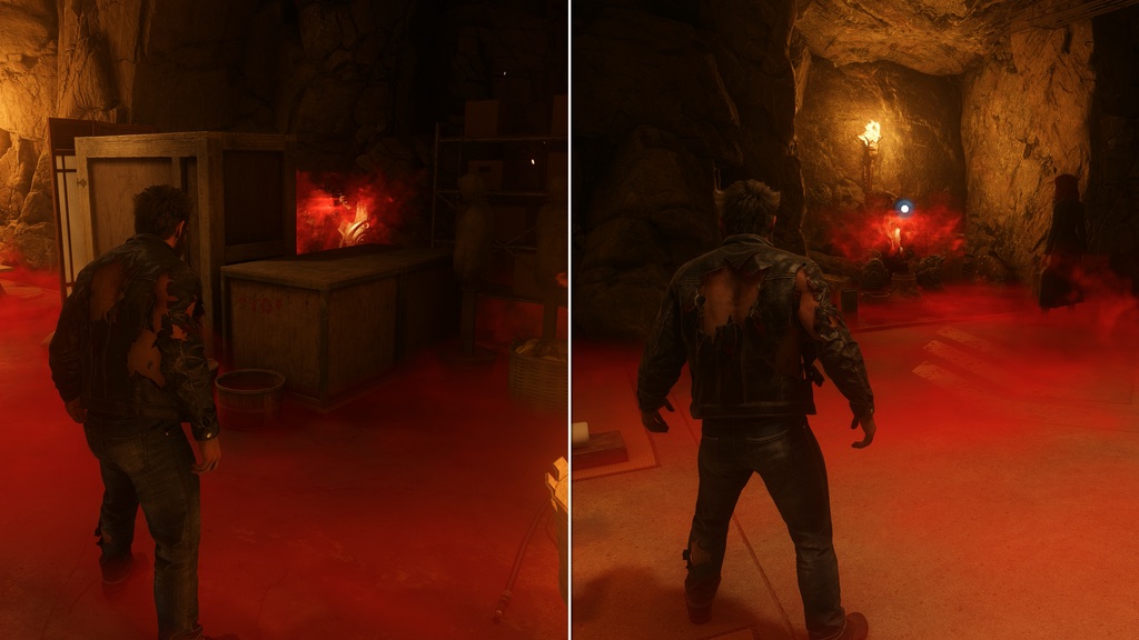 Logan standing in the red incense-filled looping room beside stacked crates