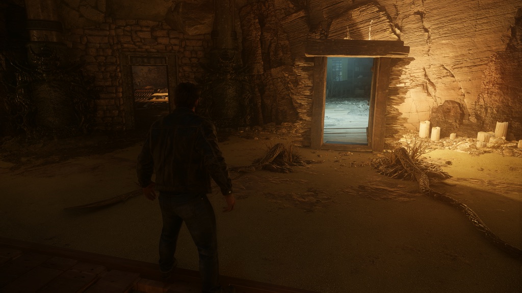 Logan standing beside the illuminated doorway after the telepath illusion ends